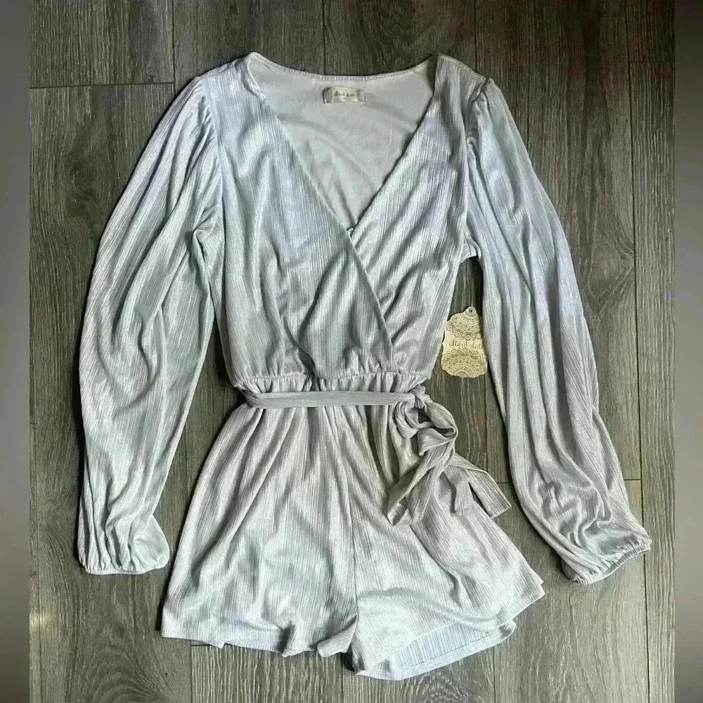 NEW Altar’d State Silver Long Sleeve Surplice Romper Size M